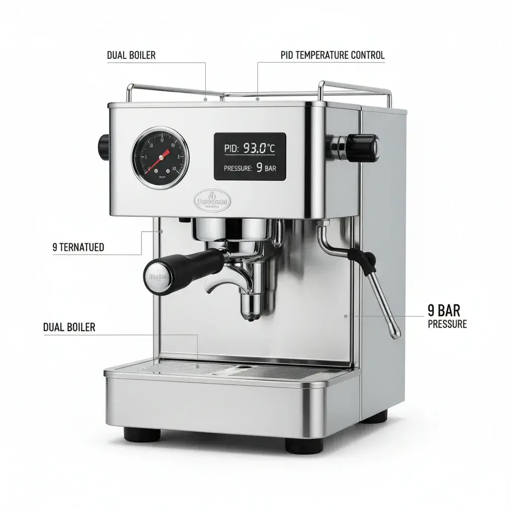 مشخصات فنی دستگاه اسپرسوساز مشخصات فنی اسپرسوساز خانگی شامل سیستم PID، فشار 9 بار، نوع بویلر و گروههد