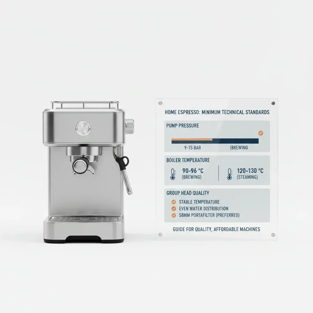 نمودار استانداردهای فنی حداقلی برای اسپرسوساز خانگی شامل فشار پمپ، دمای بویلر و کیفیت Group Head
