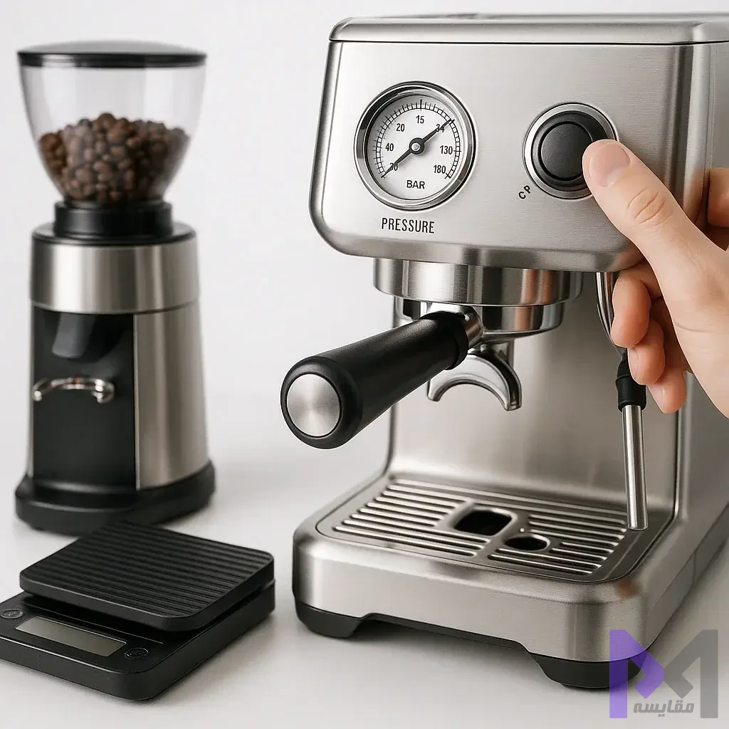 کنترل دما و فشار اسپرسوساز نمایش گیج دما و فشار در اسپرسوساز خانگی برای کنترل دقیق پارامترهای استخراج