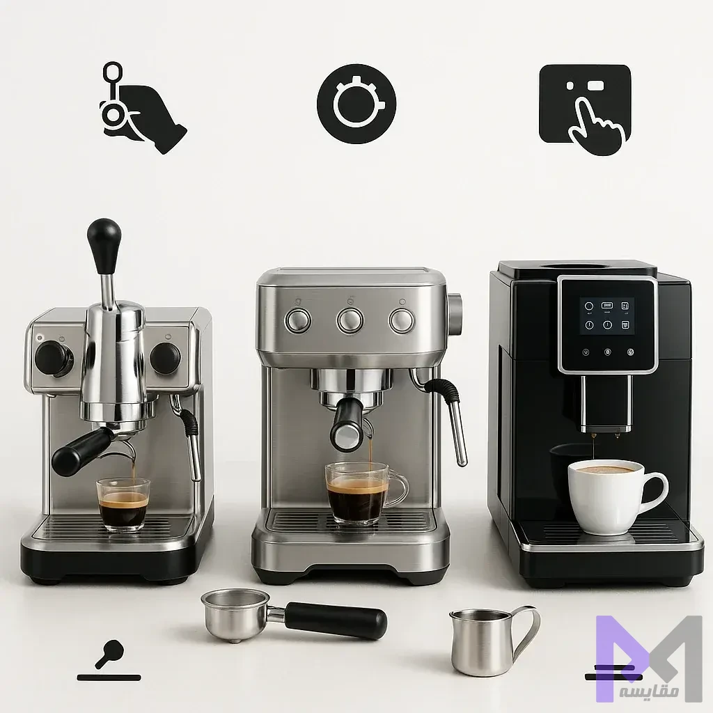 مقایسه انواع اسپرسوساز جدول مقایسه انواع اسپرسوساز دستی، نیمهاتوماتیک و تماماتوماتیک از نظر کنترل و راحتی
