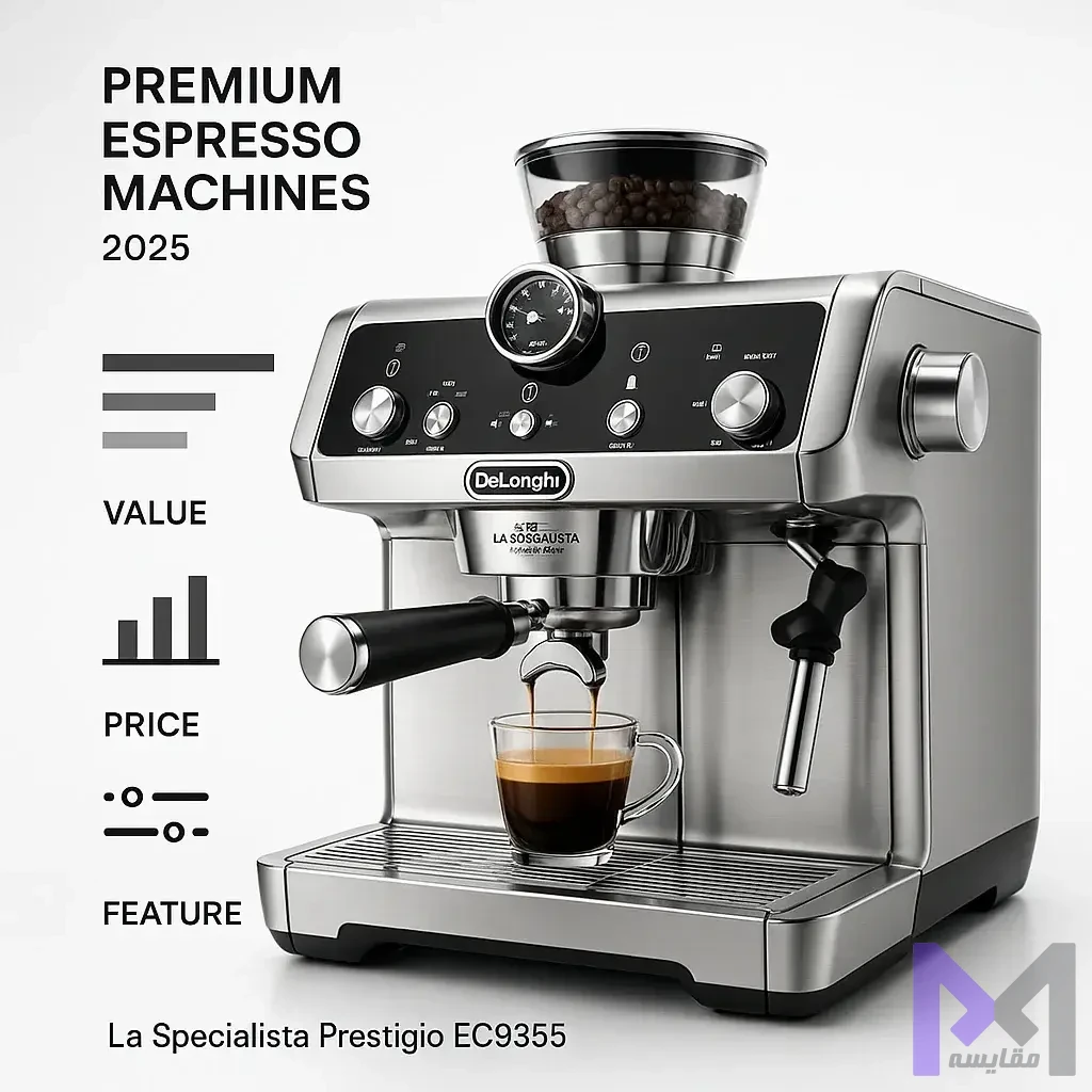 مقایسه ارزش اسپرسوسازها نمودار مقایسه ارزش اسپرسوسازهای رده بالا از نظر قیمت و امکانات در سال 2025