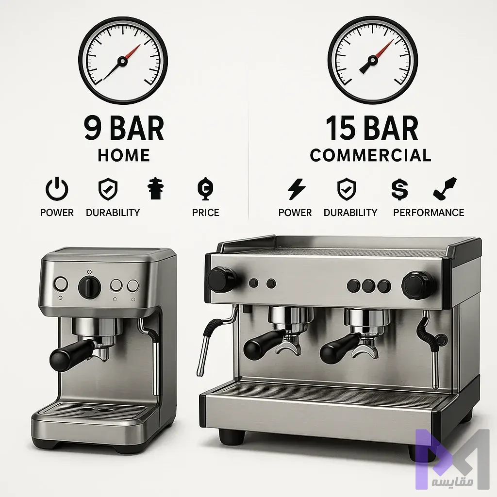 تفاوت فشار پمپ اسپرسوساز مقایسه فشار پمپ 9 بار در اسپرسوساز خانگی و 15 بار در دستگاه کافیشاپی