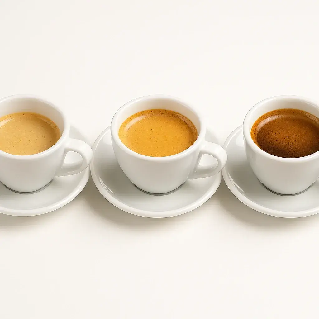 کیفیت کرمای اسپرسو مقایسه کیفیت کرمای اسپرسو در سه شات مختلف شامل استخراج ضعیف، مناسب و قوی با تفاوت رنگ و بافت