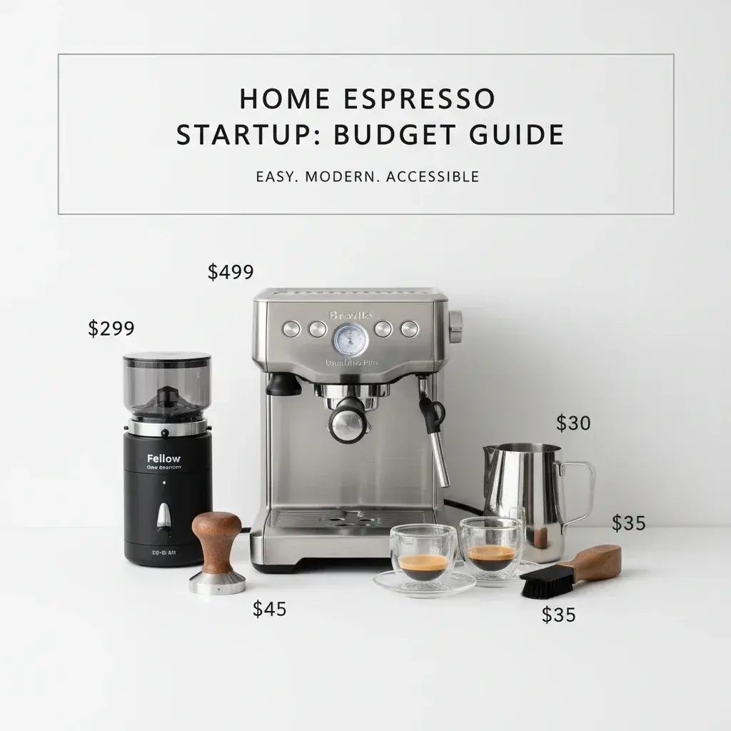 نمایش بودجه‌بندی کامل برای شروع کار با اسپرسوساز شامل دستگاه، آسیاب و لوازم جانبی ضروری