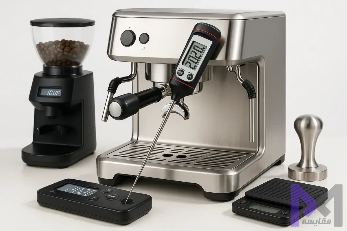 اندازهگیری دمای استخراج اسپرسو اندازهگیری دمای آب خروجی از گروپهد اسپرسوساز با دماسنج دیجیتال دقیق