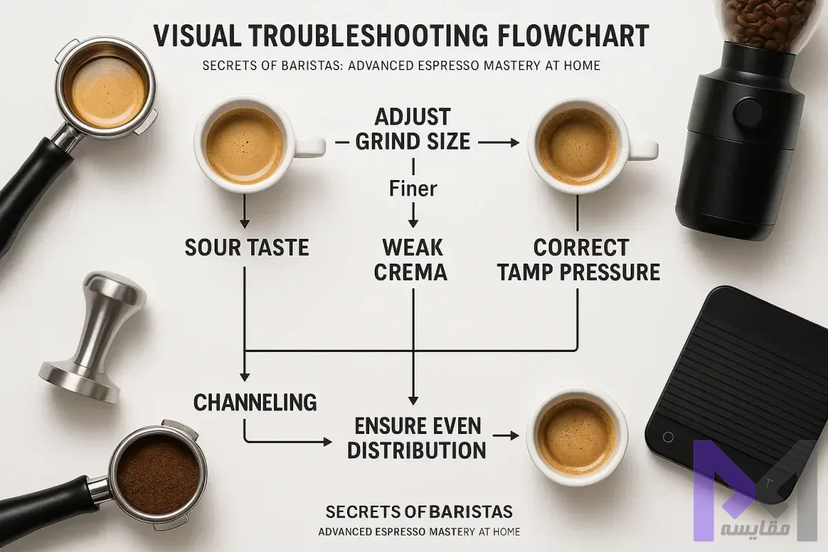 عیبیابی استخراج اسپرسو نمودار جریان عیبیابی مشکلات رایج در استخراج اسپرسو با راهحلهای عملی گام به گام