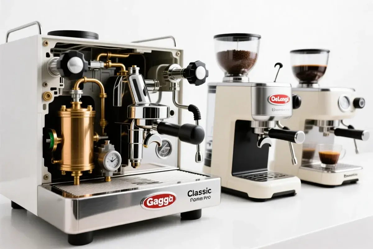 قطعات داخلی Gaggia Classic Pro نمای داخلی دستگاه اسپرسوساز گاجیا کلاسیک پرو با نمایش بویلر برنجی، پمپ ایتالیایی و قطعات حرفهای