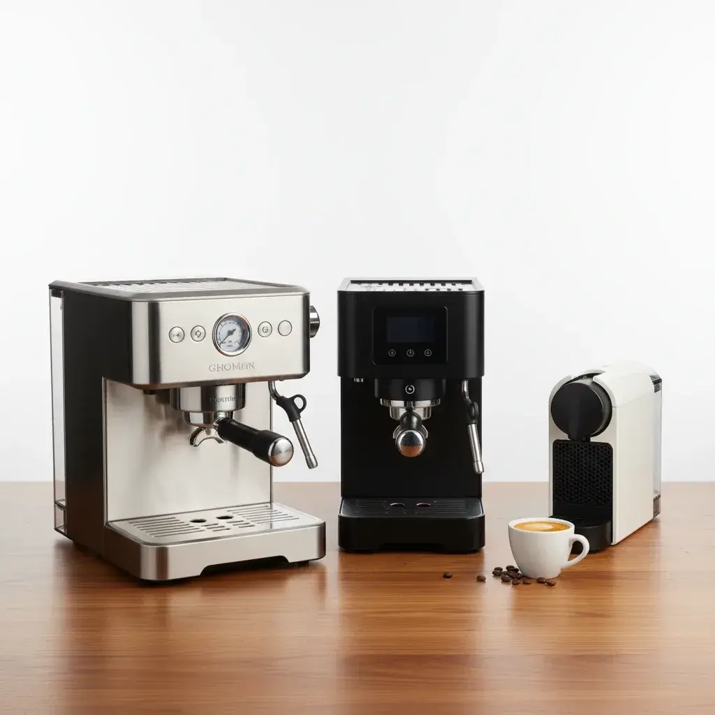 راهنمای خرید اسپرسوساز خانگی راهنمای خرید اسپرسوساز خانگی شامل انواع دستگاههای اسپرسوساز نیمهاتوماتیک و تماماتوماتیک روی میز چوبی با فنجان قهوه