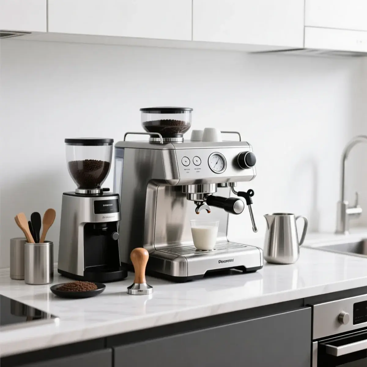 ایستگاه اسپرسو خانگی حرفهای چیدمان کامل ایستگاه اسپرسو خانگی شامل دستگاه، آسیاب، تمپر، پیچر شیر و لوازم جانبی روی کانتر آشپزخانه مدرن