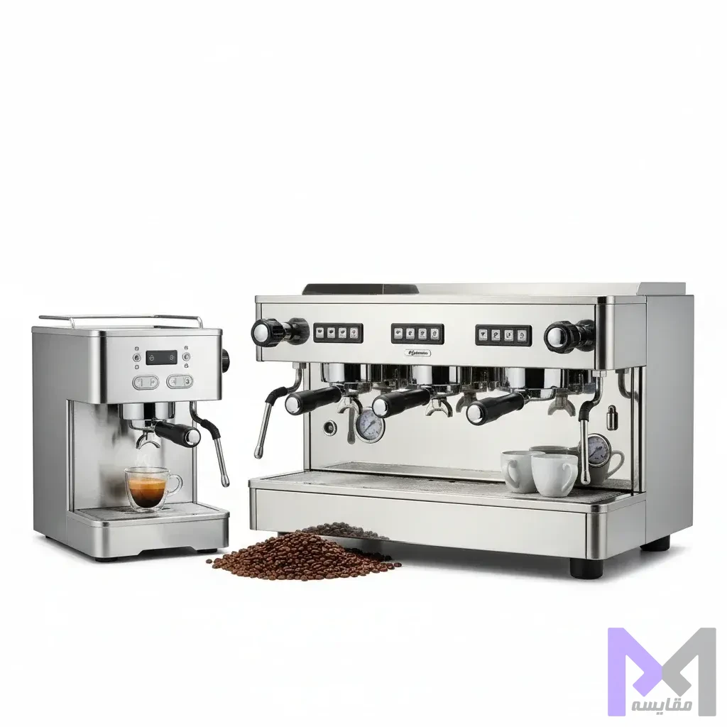 اسپرسوساز خانگی در مقایسه با کافیشاپی مقایسه اسپرسوساز خانگی و تجاری از نظر اندازه، قدرت و ویژگیهای عملکردی