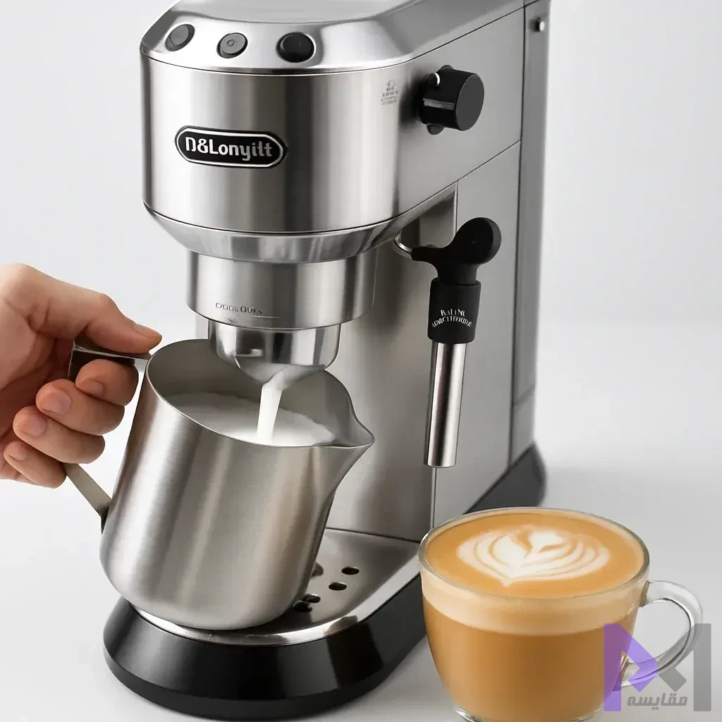 شیرشیرکن دستی دلونگی EC685 استفاده از شیرشیرکن دستی اسپرسوساز دلونگی برای تهیه کاپوچینوی حرفهای با فوم شیر میکروسکوپی