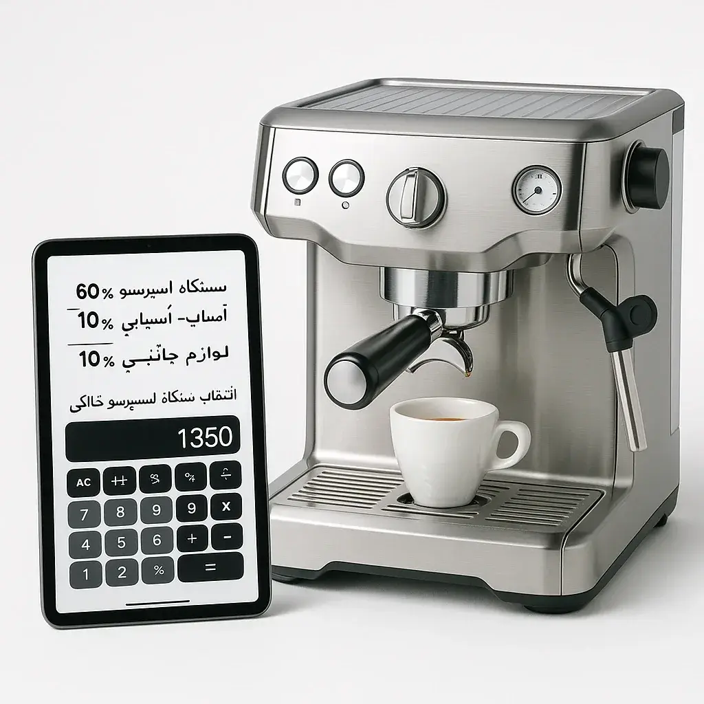 نمایش فرمول ریاضی توزیع بودجه 60 درصد دستگاه، 30 درصد آسیاب و 10 درصد لوازم جانبی برای خرید اسپرسوساز
