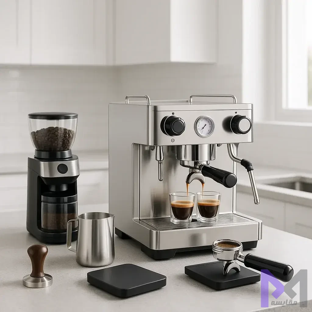 تنظیم کامل اسپرسوساز خانگی تنظیم کامل اسپرسوساز خانگی با تمام لوازم جانبی در آشپزخانه مدرن برای تجربه قهوه عالی