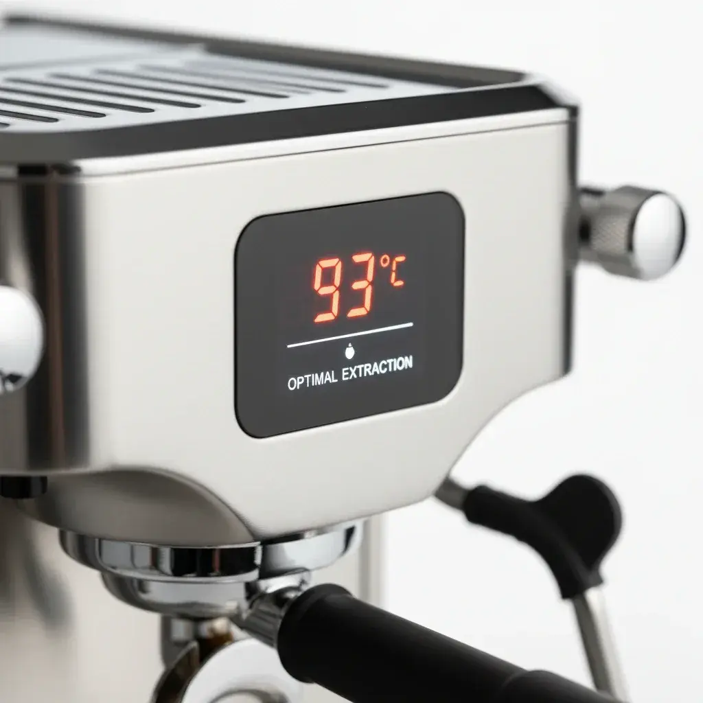کنترل دمای PID نمایشگر دیجیتال PID روی دستگاه اسپرسوساز که دمای دقیق 93 درجه سانتیگراد را برای استخراج بهینه نشان میدهد