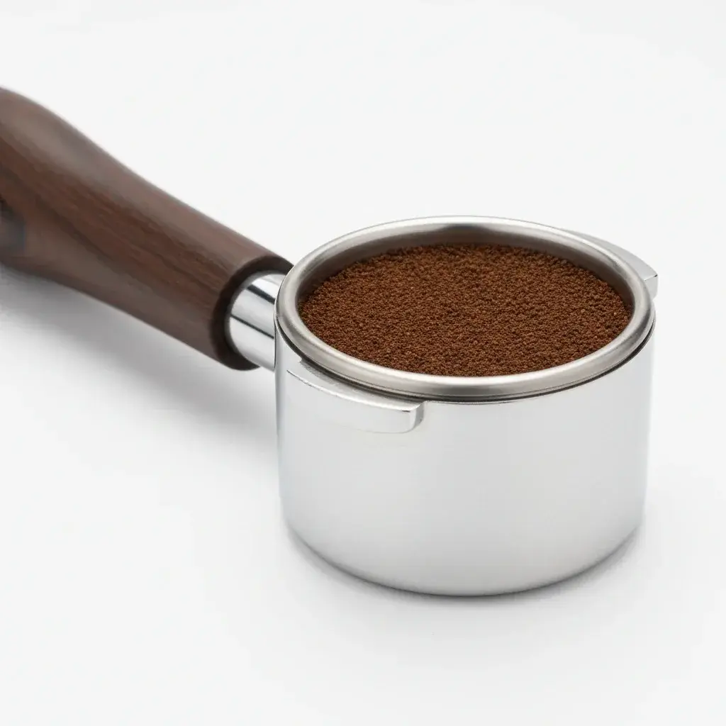 پرتافیلتر استاندارد 58 میلی‌متری بدون نازل با سبد دابل پر از قهوه آسیاب شده برای استخراج اسپرسو