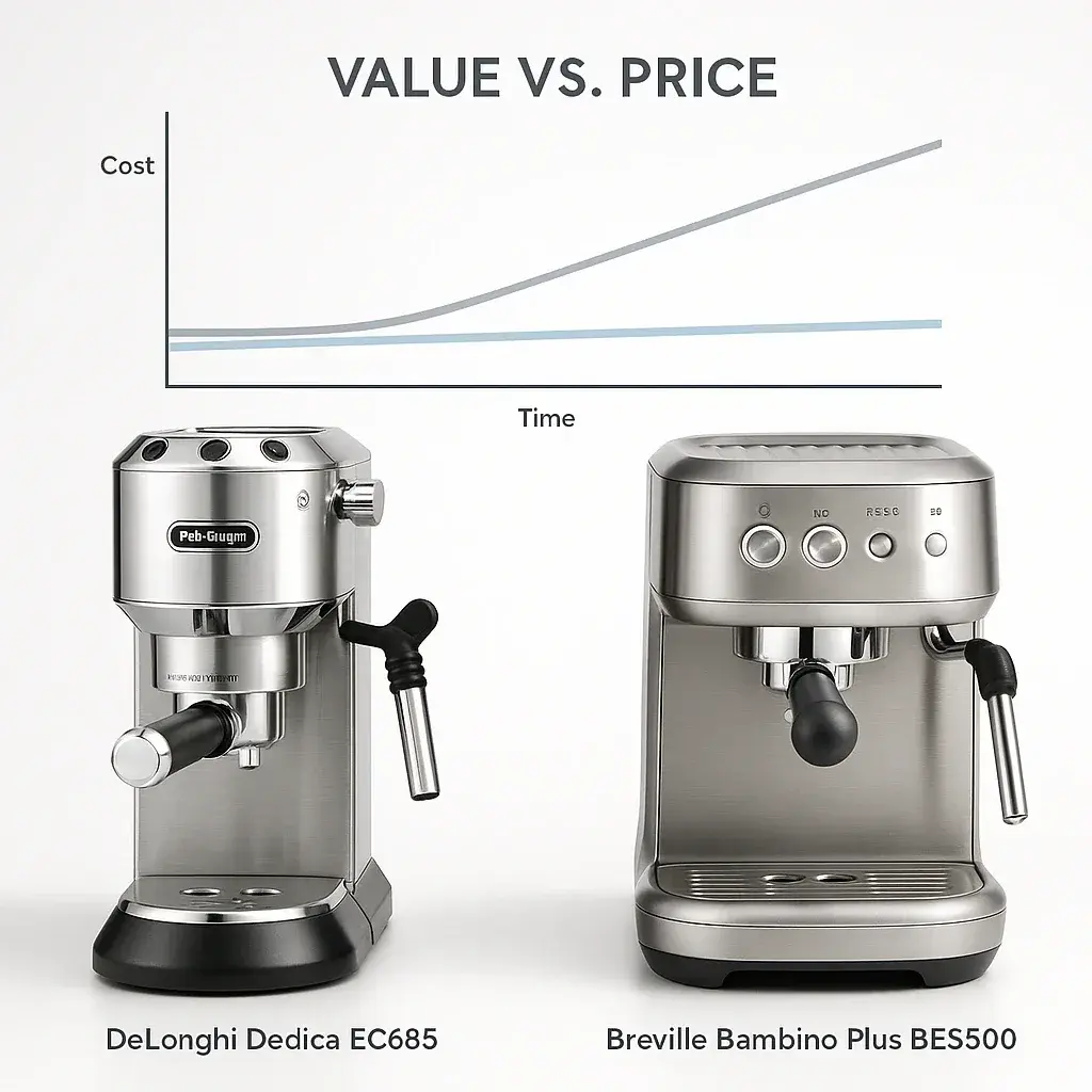 تحلیل قیمت و ارزش خرید مقایسه قیمت و ارزش خرید بین دلونگی دِدیکا و بریویل بامبینو پلاس با نمودار هزینه بلندمدت
