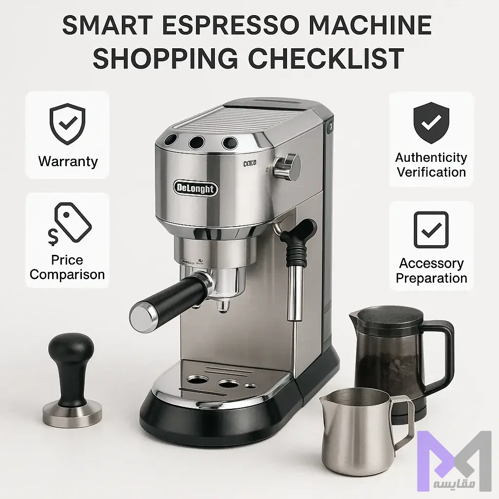 راهنمای خرید گام به گام چکلیست خرید هوشمندانه اسپرسوساز شامل بررسی گارانتی، مقایسه قیمت، تایید اصالت کالا و آمادهسازی لوازم جانبی