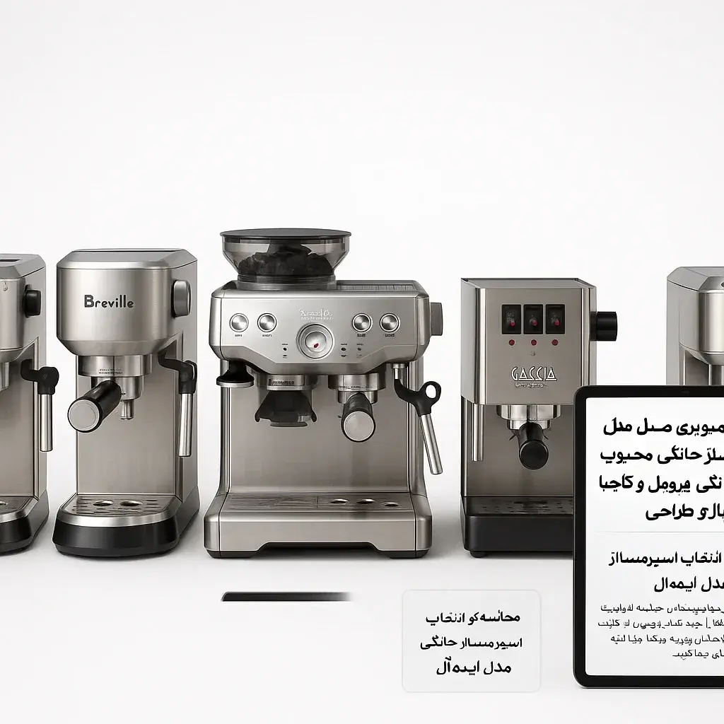 مقایسه تصویری پنج مدل اسپرسوساز خانگی محبوب شامل دلونگی، بریویل و گاجیا از نظر اندازه و طراحی