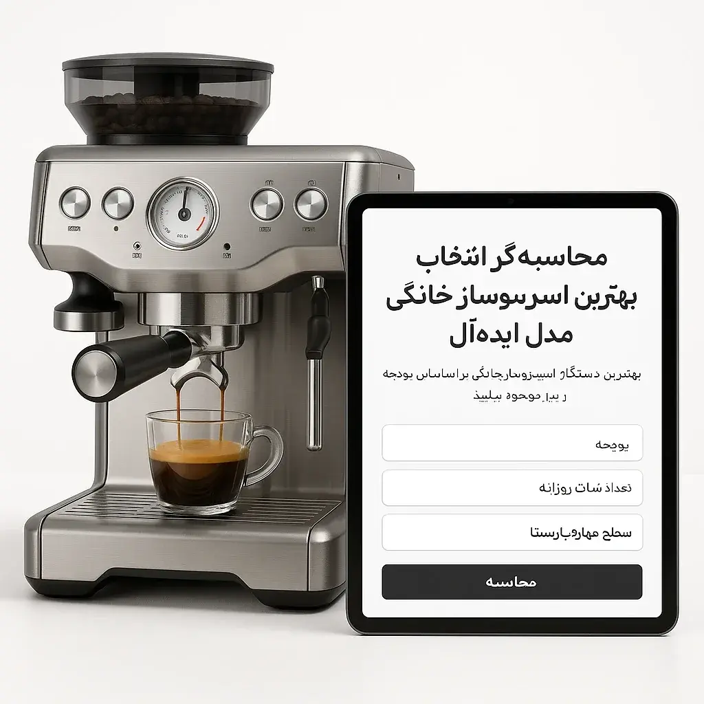 رابط کاربری ابزار محاسبه‌گر با فیلدهای ورودی برای بودجه، تعداد شات روزانه و سطح مهارت باریستایی