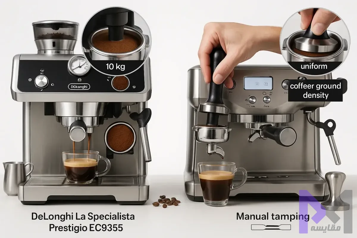 سیستم تمپینگ اسپرسوساز حرفهای مقایسه سیستم تمپینگ هوشمند دلونگی و تمپینگ دستی بریویل با نمایش فشار ۱۰ کیلوگرم و تراکم یکنواخت پودر قهوه