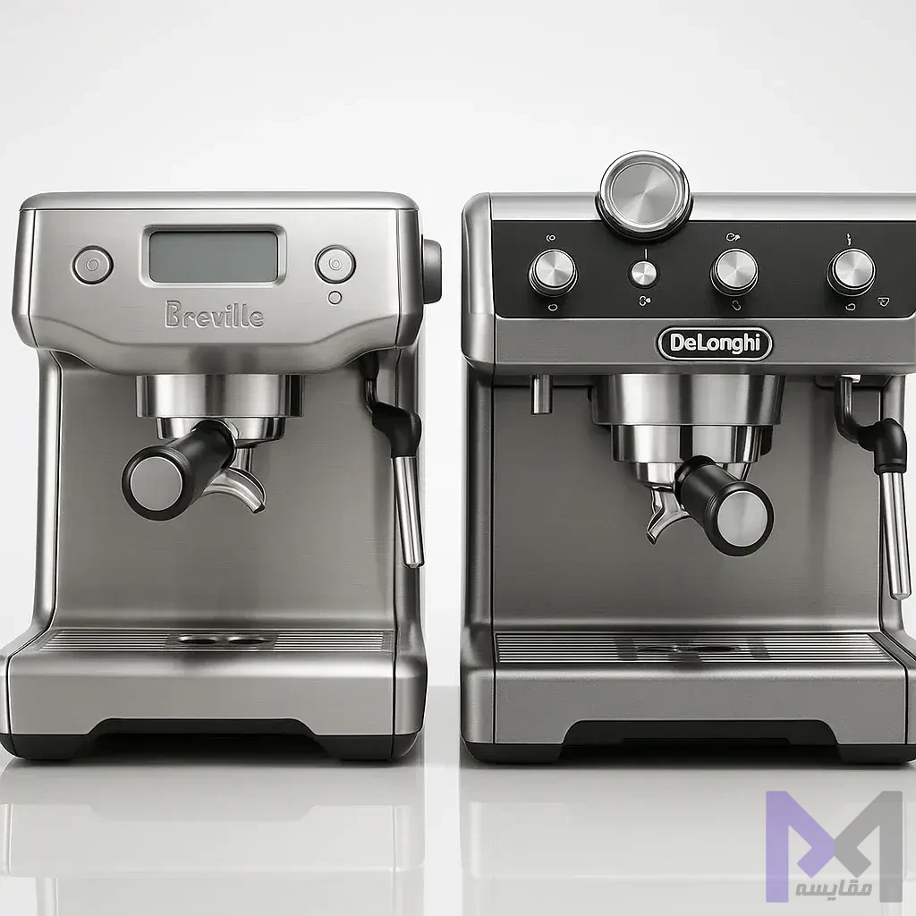 کیفیت ساخت اسپرسوساز حرفهای مقایسه بدنه استیل براش نقرهای بریویل و بدنه کامپوزیت فلزی دلونگی با نمایش گروپهد و پورتافیلتر استاندارد ۵۸ میلیمتر