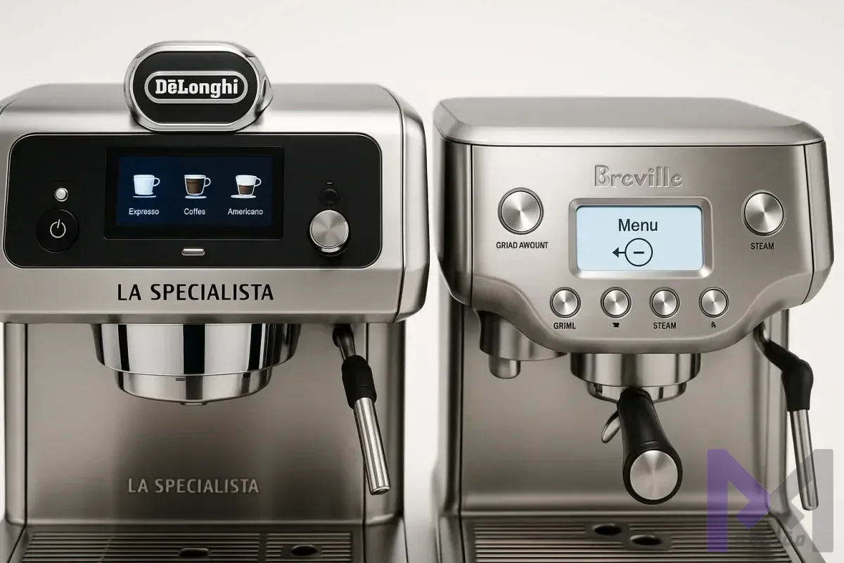 رابط کاربری اسپرسوساز پیشرفته مقایسه رابط کاربری صفحه لمسی TFT رنگی دلونگی با نمایشگر LCD دیجیتال بریویل و دکمههای فیزیکی روی میز