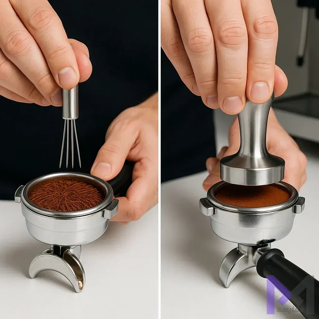 تکنیک توزیع و تمپ قهوه نمایش تکنیک WDT و Tamping صحیح برای توزیع یکنواخت قهوه در پورتافیلتر و جلوگیری از Channeling