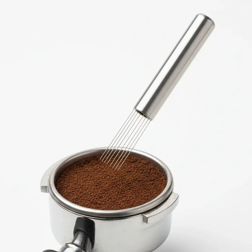 ابزار WDT با سوزن‌های نازک برای توزیع یکنواخت پودر قهوه در پرتافیلتر قبل از تمپ کردن