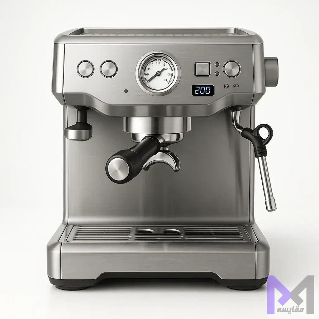 راهنمای انتخاب اسپرسوساز مناسب با نمایش ویژگی‌های کلیدی شامل فشار پمپ، نوع بویلر و سیستم کنترل دما روی دستگاه حرفه‌ای