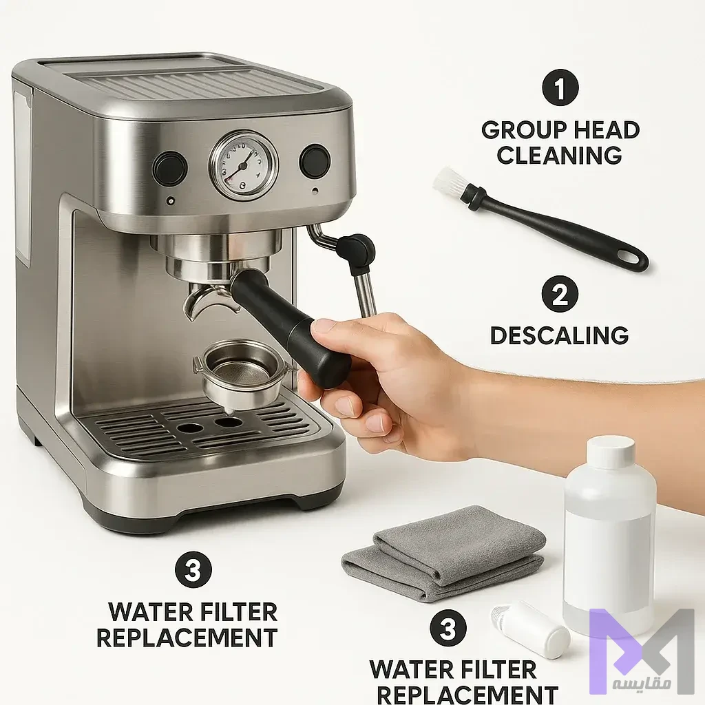 راهنمای نگهداری و تمیزکاری اسپرسوساز با نمایش مراحل پاکسازی سرگروه، رسوب‌زدایی و تعویض فیلتر آب به صورت گام به گام