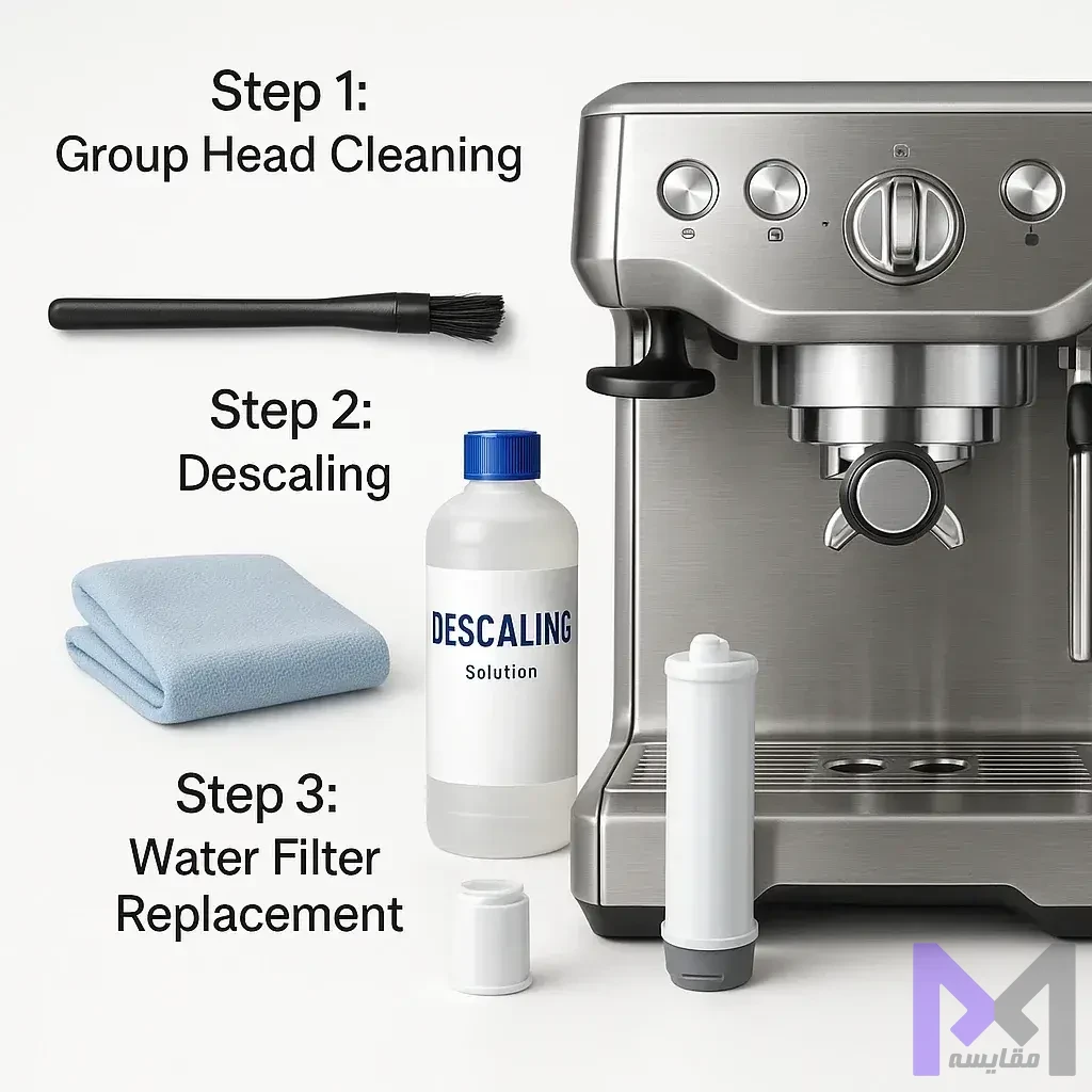 راهنمای نگهداری و تمیزکاری اسپرسوساز با نمایش مراحل گام به گام پاکسازی سرگروه، رسوب‌زدایی بویلر و تعویض فیلتر آب با ابزارهای تمیزکاری