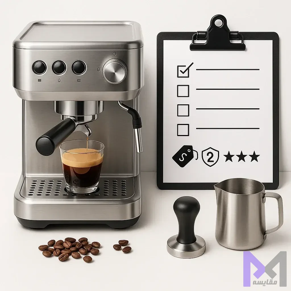 نکات خرید هوشمندانه اسپرسوساز در بلک فرایدی شامل مقایسه قیمت، بررسی گارانتی و خواندن نظرات کاربران با چک‌لیست کامل روی میز